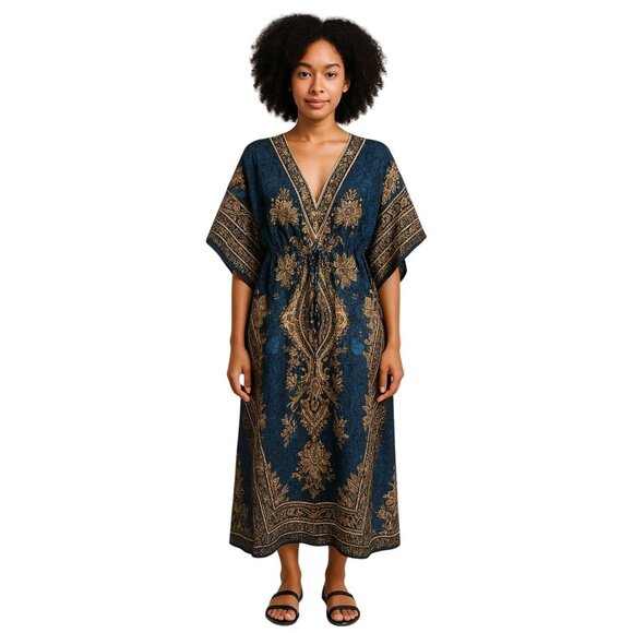 Bohemian Kaftan Maxi Dress  Deep Blue & Gold Floral Print V-Neck Adjustable Wais - Picture 8 of 8